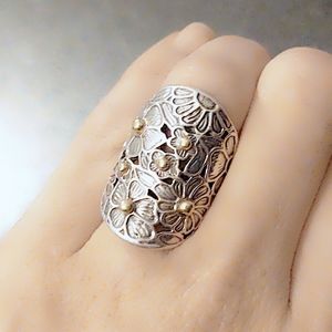 Vintage Sterling Silver & 14k Gold Floral Ring- Size 6